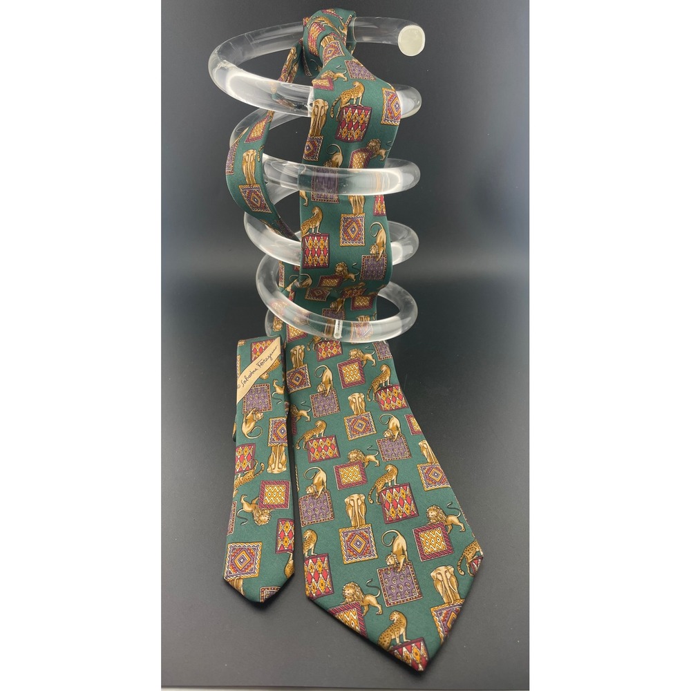 Salvatore Ferragamo Silk Tie Green Animal Print Lions Elephant Geometric Italy‎